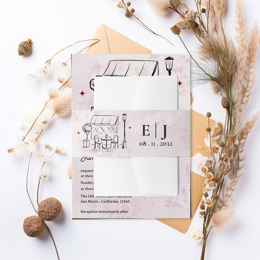 Romantische Café Illustratie Monogram Huwelijk Uitnodigingen Wikkel