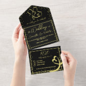 Romantische Calligrafie Black & Gold Wedding All In One Uitnodiging (Afscheurbaar)