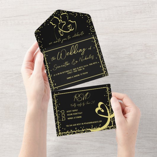Romantische Calligrafie Black & Gold Wedding All In One Uitnodiging (Afscheurbaar)