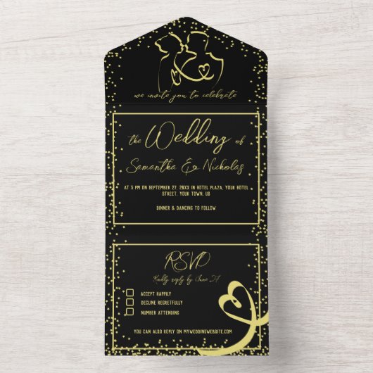 Romantische Calligrafie Black & Gold Wedding All In One Uitnodiging (Binnen)