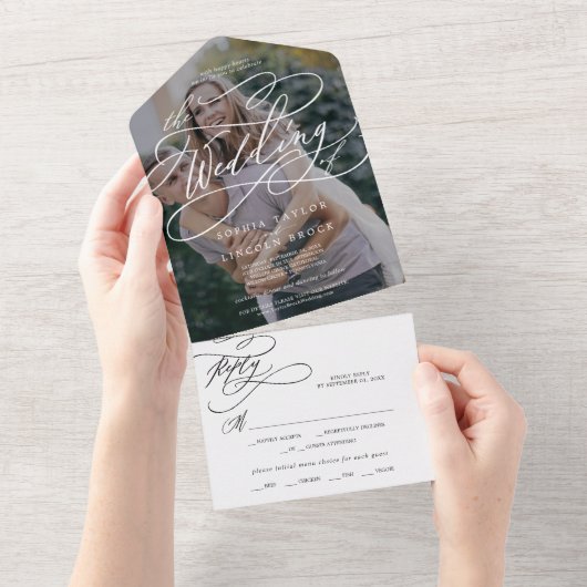 Romantische Calligrafie Foto Overlay De Bruiloft V All In One Uitnodiging (Afscheurbaar)