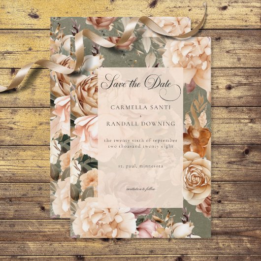  romantische champagne beige & salie bloemen save the date