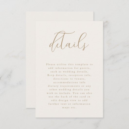 Romantische champagne en gouden bruiloft details informatiekaartje (Voorkant / Achterkant)