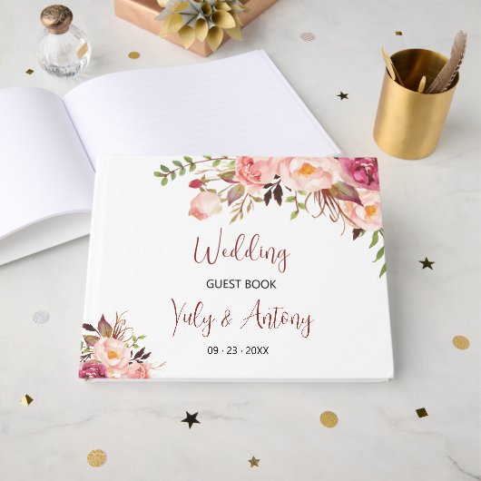 Romantische Chic Blush Roos Memory Handtekening Gastenboek (Voorkant open)