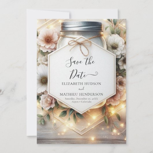 Romantische Chic Mason Jar Bruiloft Save The Date (Voorkant)