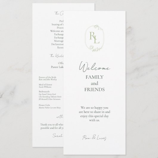 Romantische Chic Monogrammed Initialen Bruiloft Programmakaart (Voorkant / Achterkant)