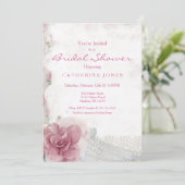 Romantische Chic Pink Rose Bruids Douche Uitnodigi Kaart (Staand voorkant)