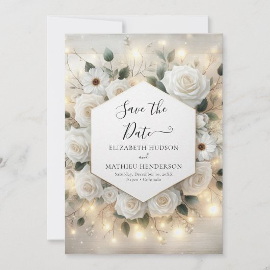 Romantische Chic White Roses bruiloft Save The Date (Voorkant)