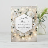 Romantische Chic White Roses bruiloft Save The Date (Staand voorkant)