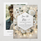 Romantische Chic White Roses bruiloft Save The Date (Voorkant / Achterkant)
