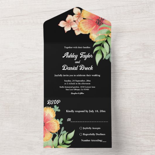 Romantische Chic Wildflowers Zwart Bloemen Huwelij All In One Uitnodiging (Binnen)