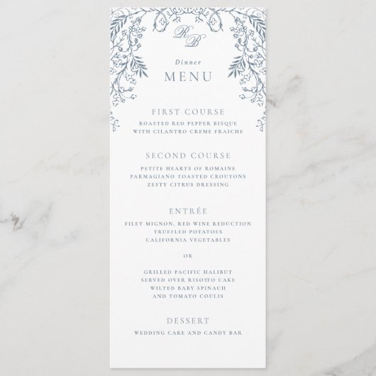 Romantische Chinoiserie Antiek Franse Blauwe Huwel Menu (Voorkant)