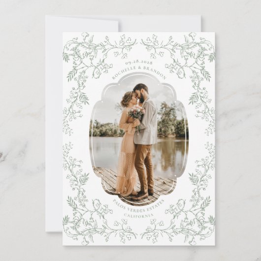 Romantische Chinoiserie Antiek Sage Green Foto Save The Date (Voorkant)