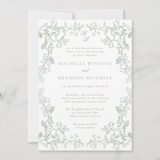 Romantische Chinoiserie Antiek Sage Green Wedding Kaart (Voorkant)