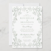 Romantische Chinoiserie Antiek Sage Green Wedding Kaart (Voorkant)