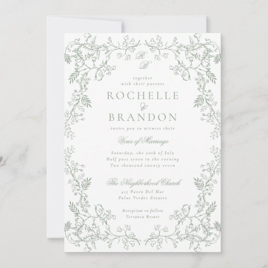 Romantische Chinoiserie Antiek Sage Green Wedding Kaart (Voorkant)