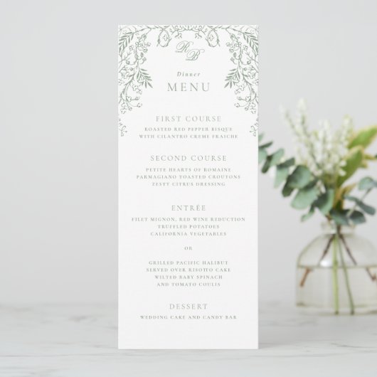 Romantische Chinoiserie Antiek Sage Green Wedding Menu (Staand voorkant)