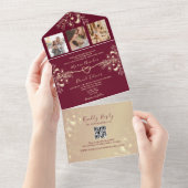 Romantische Chinoiserie Bourgondië en gouden bruil All In One Uitnodiging (Afscheurbaar)