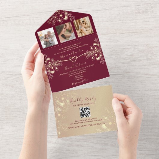 Romantische Chinoiserie Bourgondië en gouden bruil All In One Uitnodiging (Afscheurbaar)