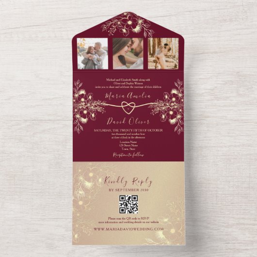 Romantische Chinoiserie Bourgondië en gouden bruil All In One Uitnodiging (Binnen)