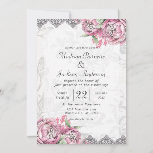 Romantische Chique Pioen Bloemen Bruiloft Uitnodig Kaart (Voorkant)