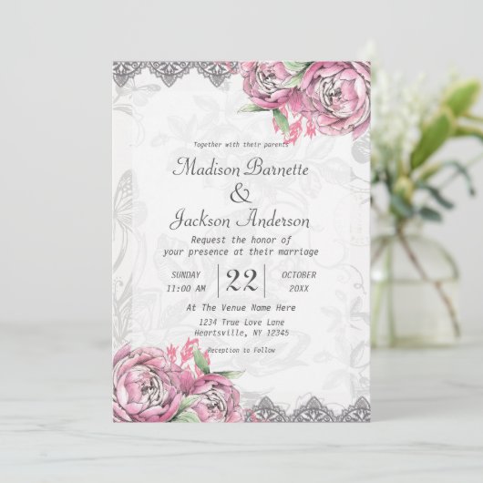 Romantische Chique Pioen Bloemen Bruiloft Uitnodig Kaart (Staand voorkant)