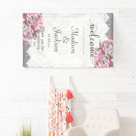 Romantische Chique Pioen Bloemen & Kant Bruiloft W Spandoek (Insitu)