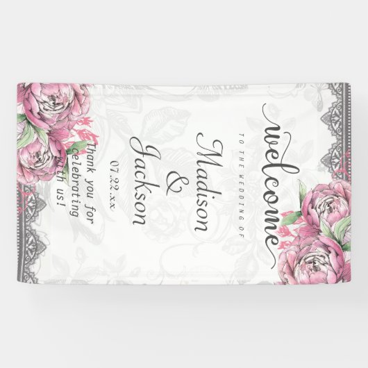 Romantische Chique Pioen Bloemen & Kant Bruiloft W Spandoek (Horizontaal)