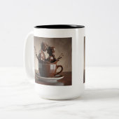 Romantische chocoladeliefhebbers beeldhouwwerk in tweekleurige koffiemok (Voorkant links)