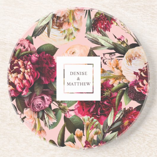 Romantische chrysant op ragfijne roze ondergrond zandsteen onderzetter (Voorkant)