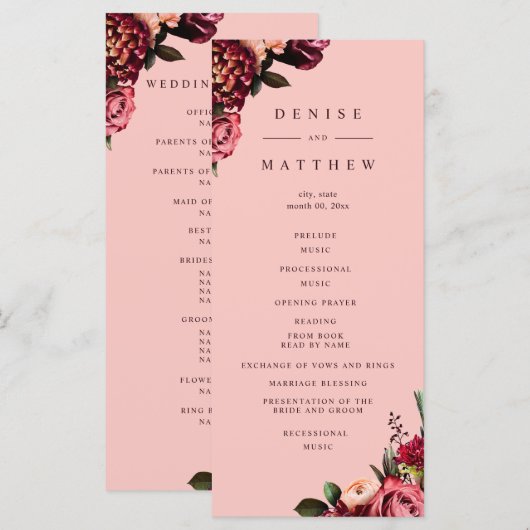 Romantische chrysant op roze herfstdraad programmakaart (Voorkant / Achterkant)