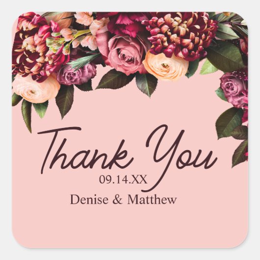 Romantische chrysant op roze herfstdraad vierkante sticker (Voorkant)