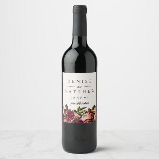 Romantische Chrysant op Sneeuwwitje Wijn Etiket (Voorkant)