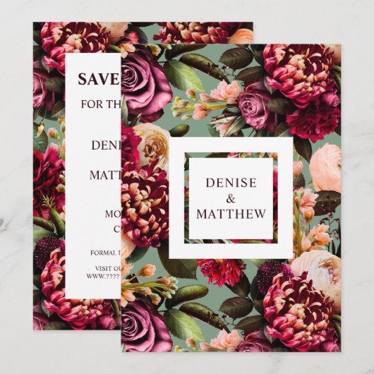 Romantische Chrysanthemum op Basil Green Save Date Kaart (Voorkant / Achterkant)