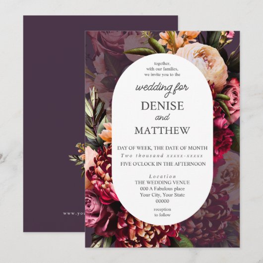 Romantische Chrysanthemum op Midnight Plum Wedding Kaart (Voorkant / Achterkant)