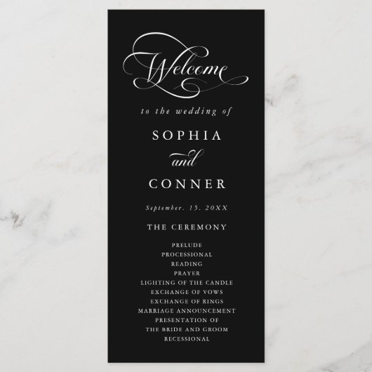 Romantische Classy Calligraphy Wedding Black Cerem Programmakaart (Voorkant)