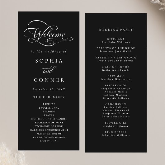 Romantische Classy Calligraphy Wedding Black Cerem Programmakaart