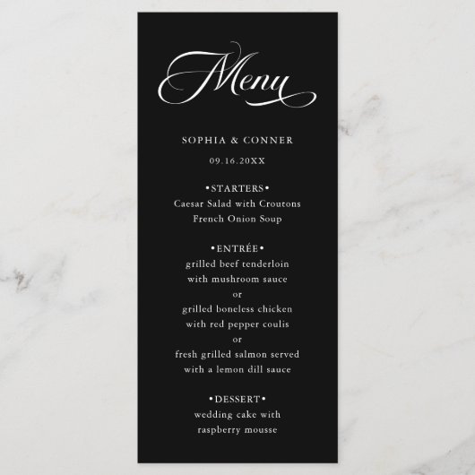 Romantische Classy Calligraphy Wedding Black Menu (Voorkant)