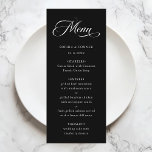 Romantische Classy Calligraphy Wedding Black Menu<br><div class="desc">Eenvoudig zwart-wit huwelijksmenu bevat elegante,  romantische,  wervelende kalligrafiebelettering met een formeel script. Voor meer geavanceerde aanpassing van dit ontwerp,  klikt u op de BLUE DESIGN TOOL BUTTON hierboven!</div>