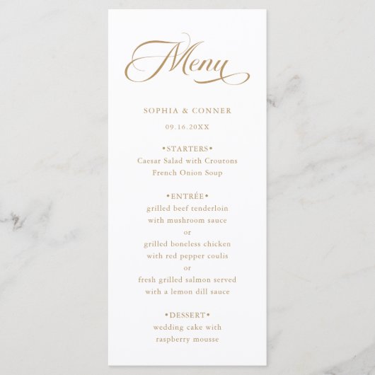 Romantische Classy Calligraphy Wedding Gold & Whit Menu (Voorkant)