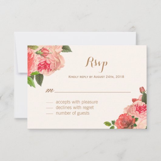 Romantische Coral Peonie en Gold Glitter RSVP-kaar RSVP Kaartje (Voorkant)
