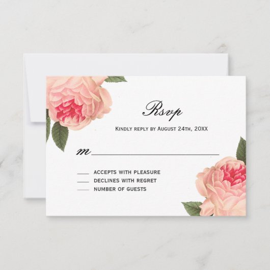 Romantische Coral Peonie met Stripes RSVP-kaarten RSVP Kaartje (Voorkant)