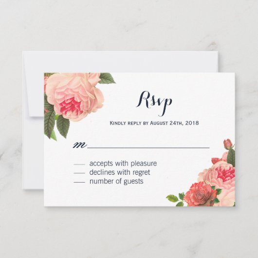 Romantische Coral Peonie op Navy RSVP-kaarten RSVP Kaartje (Voorkant)