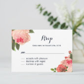 Romantische Coral Peonie op Navy RSVP-kaarten RSVP Kaartje (Staand voorkant)
