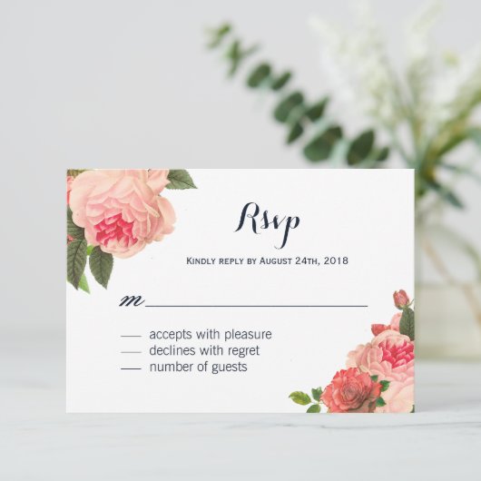Romantische Coral Peonie op Navy RSVP-kaarten RSVP Kaartje (Staand voorkant)