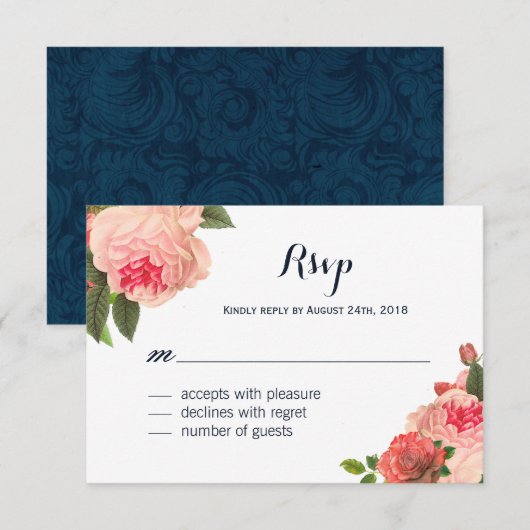 Romantische Coral Peonie op Navy RSVP-kaarten RSVP Kaartje (Voorkant / Achterkant)