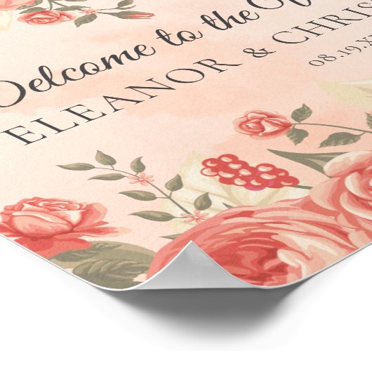 Romantische  Coral Rozen bruiloft welkom Poster (Hoek)