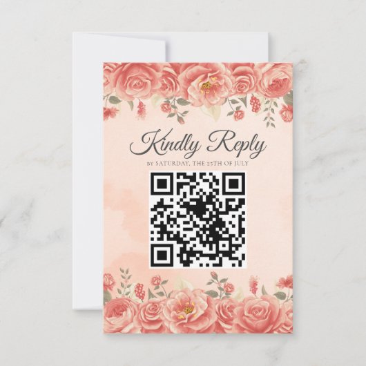 Romantische Coral Rozen Waterverf QR Code Huwelijk RSVP Kaartje (Voorkant)
