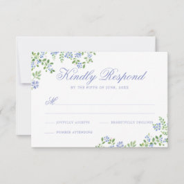 Romantische cottage blauwe bloemrijke kader trouwe RSVP kaartje