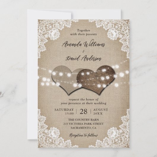 Romantische Country Burlap Lights Floral Lace Wedd Kaart (Voorkant)